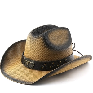 Western Cowboy Hat Paper Straw Braided Wide Brim Bull Head Metal Buckle Leather Belt Retro Outdoor Sun Hat For Adult