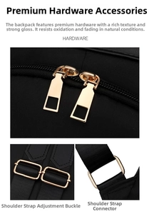 Detailed shot of premium golden hardware and smooth zippers on a black nylon backpack