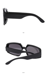 Side and back view of chunky black square frame sunglasses with thick temples
