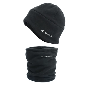 Detailed view of black fleece winter set featuring windproof hat and neck warmer scarf