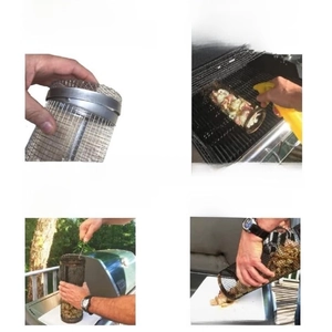 Detail steps for using stainless steel rolling grill basket on an outdoor barbecue rack