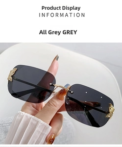 Detail of rimless grey sunglasses with golden metal butterfly decor and gold temples
