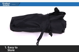 Close-up of black ripstop nylon storage pouch with drawstring cord and side hook detail