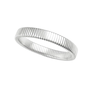 Macro detail of silver Tubogas style bracelet with flexible ribbed steel texture