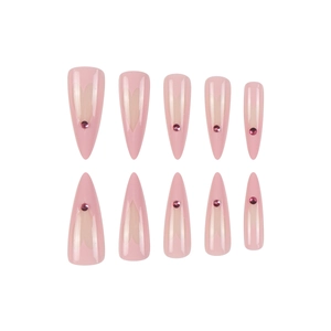 Pink heart almond press on nails with sparkling rhinestones set of 10 pieces