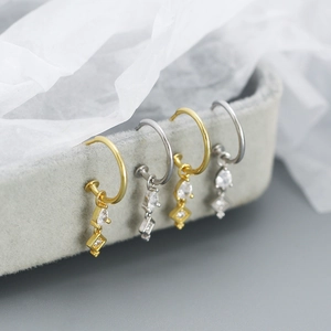 S925 sterling silver tassel hoop earrings with sparkling zircon dangles in gold and silver