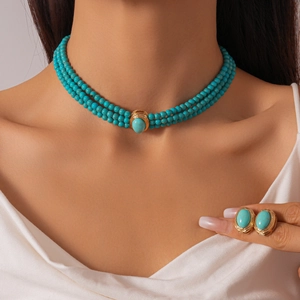 Vintage green turquoise beaded multilayer choker necklace with gold oval accents and earrings