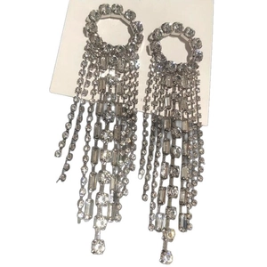 Silver needle geometric round tassel earrings with sparkling rhinestones for women