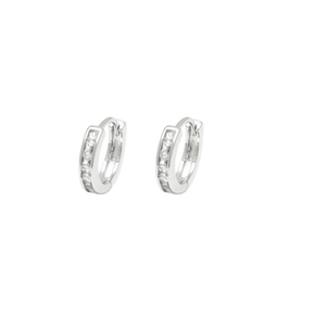 Detail view of silver cubic zirconia hoop earrings with a secure hinge closure mechanism