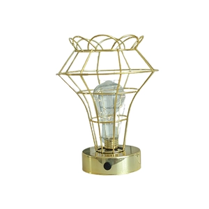 Golden iron geometric cage desk lamp with vintage LED bulb for home decor