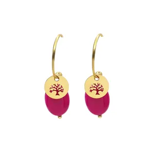 Gold-plated tree of life drop earrings with oval rose red natural stone pendants