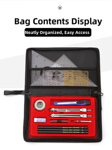 Detailed overhead view of a drawing tool kit with neat compartments for pencils and compass