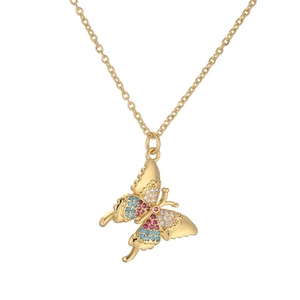 Charming gold butterfly necklace with colorful zircon stones on a sleek cross chain
