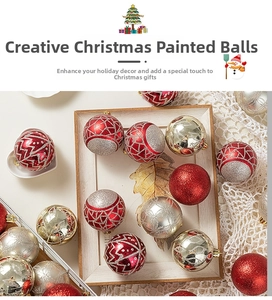 Detail of luxury Christmas baubles with glitter and hand-painted patterns on white tray