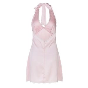 Detailed back view of pink satin halter dress with white lace trim and bow tie closure