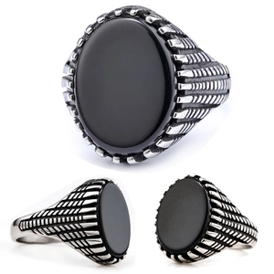 Vintage Men Signet Ring Stainless Steel With Oval Black Stone Biker Punk Style Retro Textured Jewelry