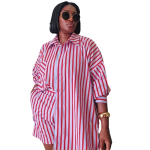 Women's two-piece red and white vertical striped long sleeve shirt and shorts set