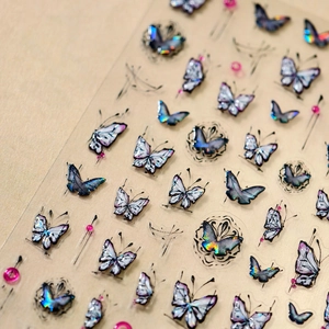 3D butterfly nail stickers with holographic laser finish and dark embossed line art