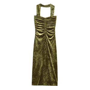 Elegant olive green velvet strapless dress with neck halter and ruched chest detail