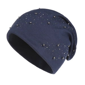 Fashionable navy blue knitted beanie for women featuring elegant silver bead decorations