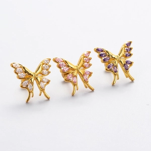 Titanium steel butterfly stud earrings with gold plating and colorful zircons