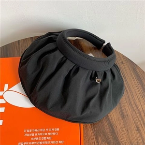 Detail of a stylish black shell sun hat with elegant pleated design for UV protection.