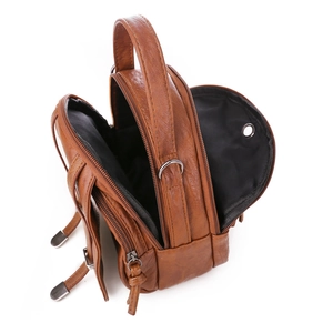 Vintage brown leather crossbody phone bag with multi-zipper layers and lychee texture