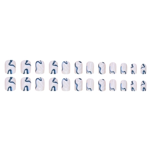Minimalist white and blue wave pattern short press-on nails set with 24 pieces