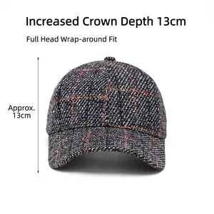 Plaid baseball cap in dark grey wool with orange accents and 13cm deep crown design