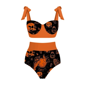 Maillot de bain Halloween deux pièces à motifs têtes de mort et toiles d'araignées