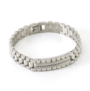 Close-up of a silver stainless steel watchband style chain bracelet for men