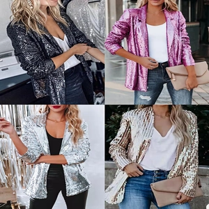 Chic women's sequined long sleeve blazer available in black, purple, silver and champagne gold