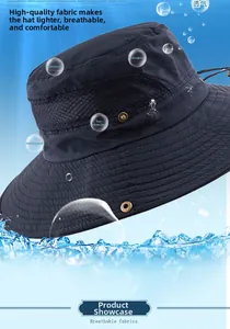 Detail of dark blue sun hat featuring breathable side mesh and adjustable windproof strap