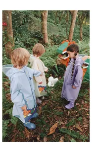 Kids long waterproof raincoats and boots with dinosaur prints and large clear brims