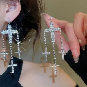 Cross Tassel Drop Earrings With Silver Earring Post Copper Rhinestone Encrusted Gothic Long Dangle Jewelry For Women