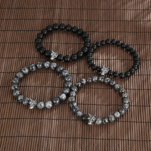 Men's turquoise and matte onyx beaded bracelets with vintage wolf head charm set