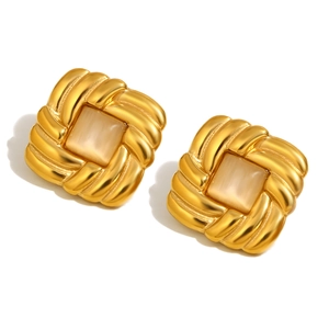 Minimalist square 18K gold plated stainless steel stud earrings with cat eye stone
