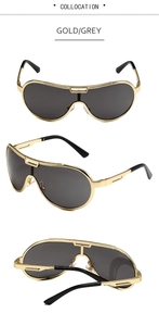 Multiple views of oversized pilot sunglasses with gold metal frames and dark grey lenses