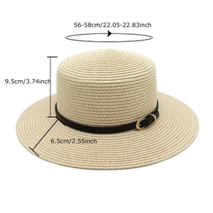 Minimalist beige straw boater hat with black leather band for summer beach vacation