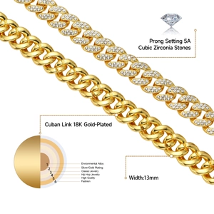 13mm hip hop Cuban link chain necklace with 18K gold plating and 5A cubic zirconia stones
