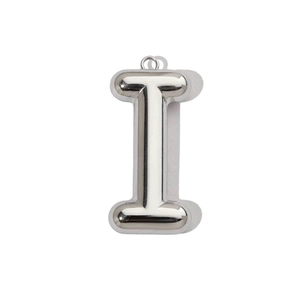 Detailed view of silver letter I pendant with a high-polished mirror finish surface