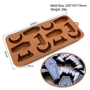 Halloween silicone mold with coffin and vampire teeth shapes, size 223x101x14mm