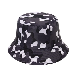 Detailed view of gray camo bucket hat with reinforced stitching on the brim