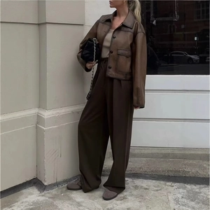 Vintage Distressed PU Leren Jas Voor Dames Bruin Olie Was Motorstijl Oversized Revers Knoopsluiting Bovenkleding