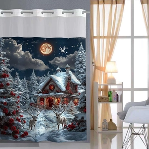 Hookless waffle Christmas shower curtain featuring reindeer and snowy forest scene