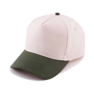 Detail of five-panel cotton baseball cap in beige and olive green with contrast seams