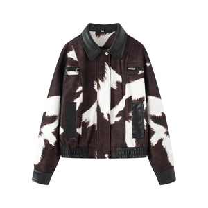 Women Animal Cow Print Jacket PU Leather Patchwork Zipper Lapel Casual Chic Short Outerwear Fashion