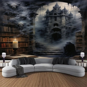 Halloween Tapestry Wall Hanging Polyester Gothic Horror Dark Castle Library Mysterious Ghost Backdrop For Room Decor