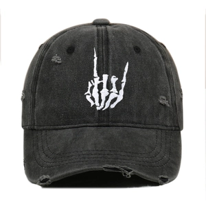 Skeleton Hand Gesture Embroidery Distressed Washed Cotton Baseball Cap Vintage Hip Hop Style Adjustable Hat For Men Women
