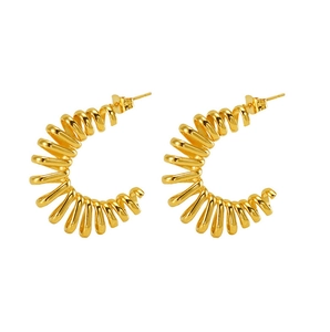 Macro detail of 18k gold plated stainless steel spiral C-shaped hoop earrings
